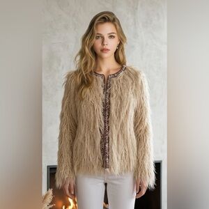 Zara Cream Faux Fur Jacket with Multicolor Trim